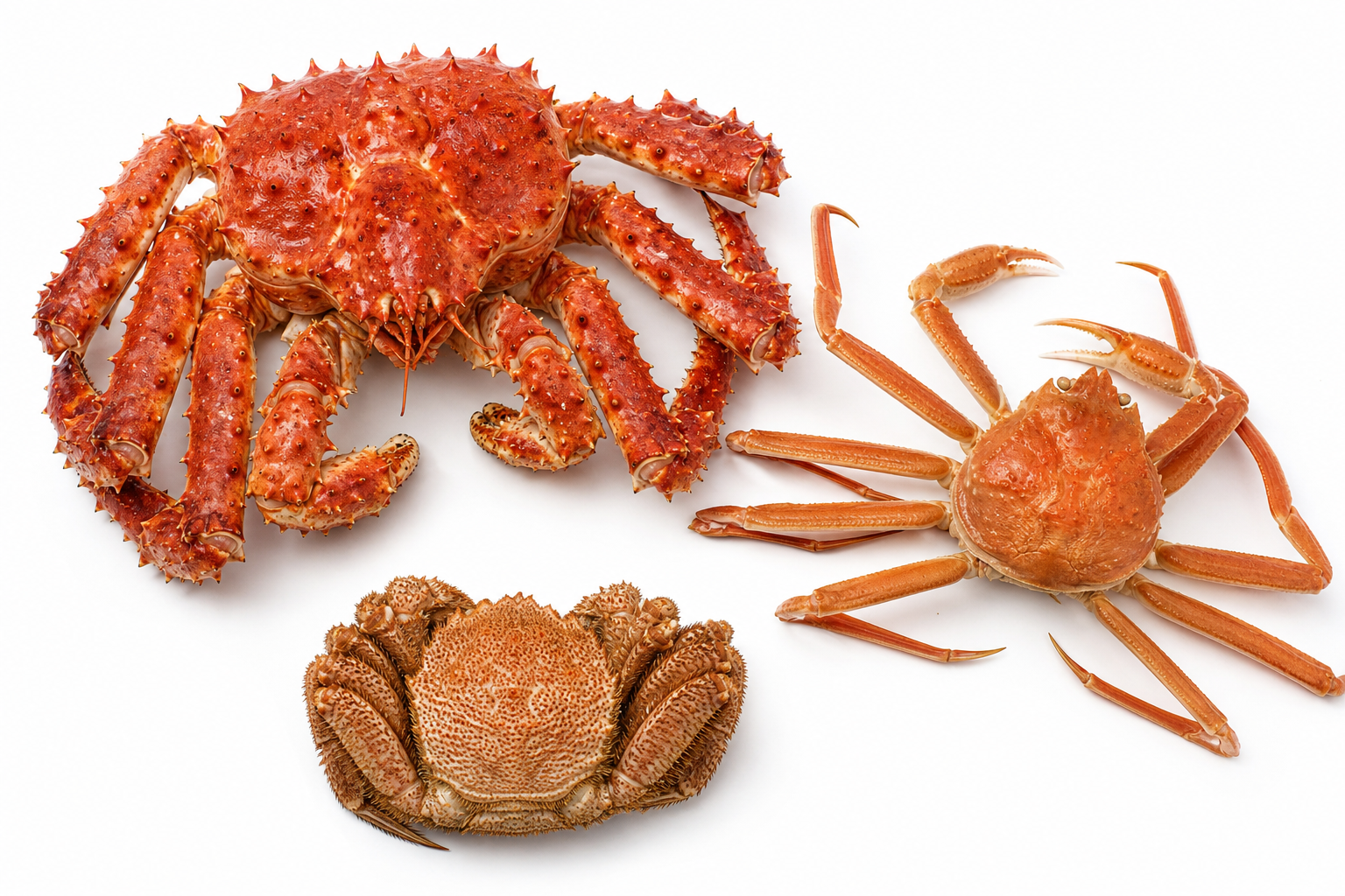 An educational and clear comparison layout of three different types of crabs: a large, spiky Red Kin
