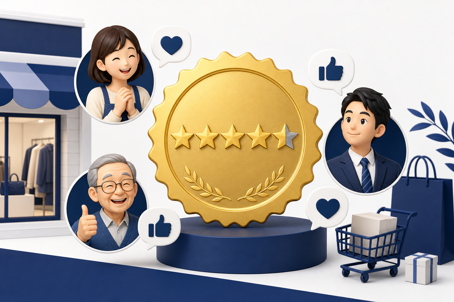 A conceptual illustration representing high customer satisfaction and trust. A large gold seal or ba