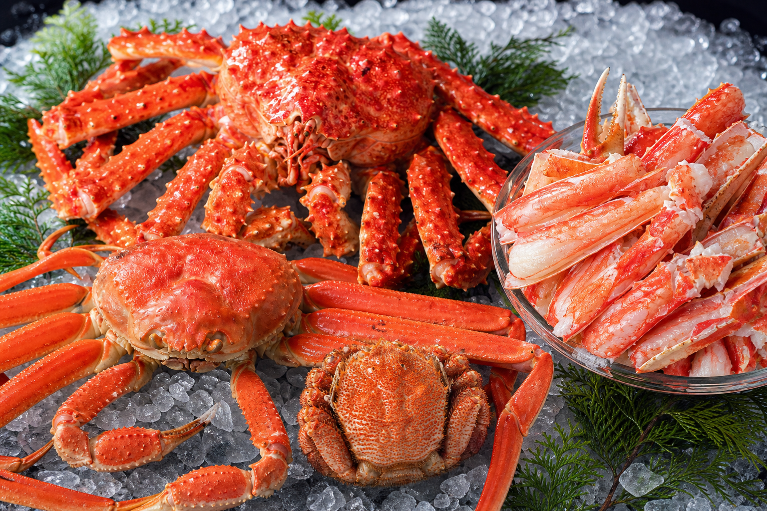 An informative visual comparison of three types of premium crabs on a bed of crushed ice: a large, s