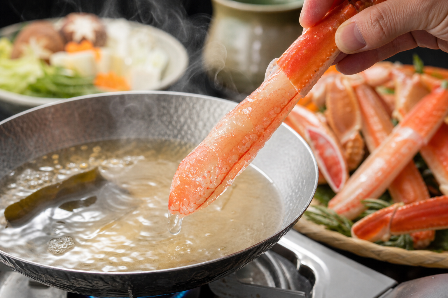 A close-up shot showing the convenience of 'half-peeled' snow crab legs. A person's hand is holding 