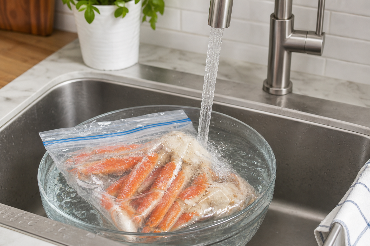 A clear, instructional-style photograph of the correct way to defrost frozen crab. A sealed plastic 