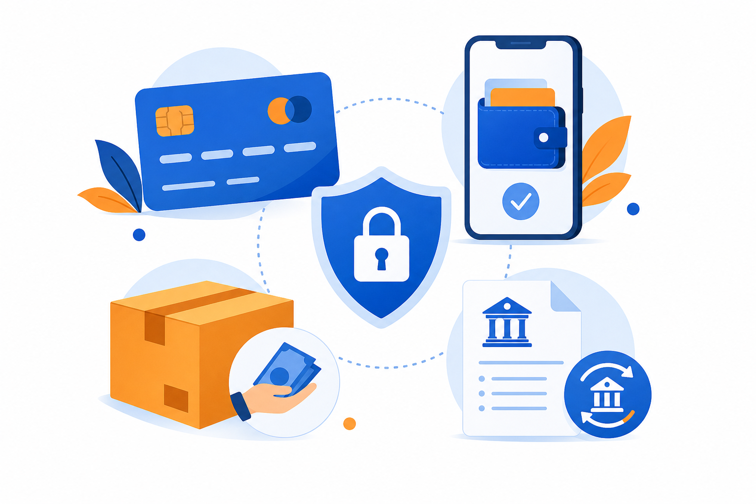 A professional infographic-style illustration representing multiple secure payment options: a credit