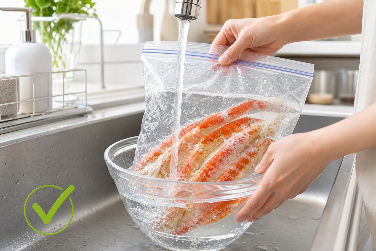 生ガニの正しい解凍方法である「流水解凍」を説明する具体的なビジュアル。キッチンのシンクで、ジップロックのような透明な袋に入れた冷凍カニの脚を、ボウルの中で冷たい水道水に当てている様子。カニの表面の氷（