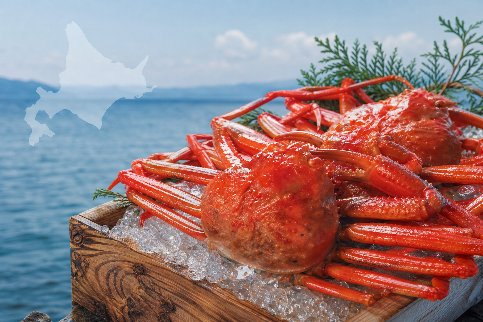 A high-quality photo of fresh, premium red snow crabs (Benizuwai-gani) displayed on a traditional Ja