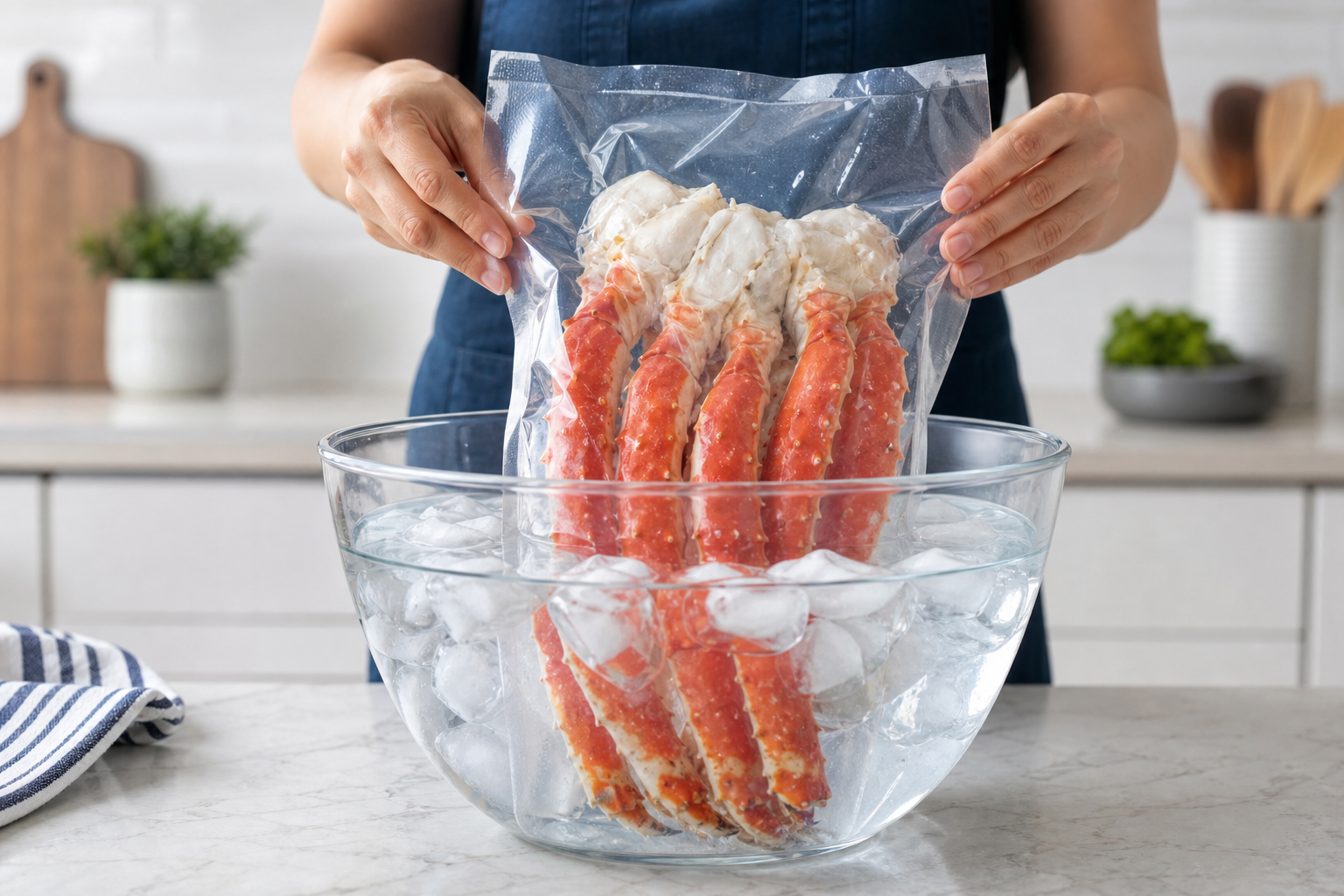 A clear, instructional-style photo of a person's hands placing a vacuum-sealed pack of crab legs int