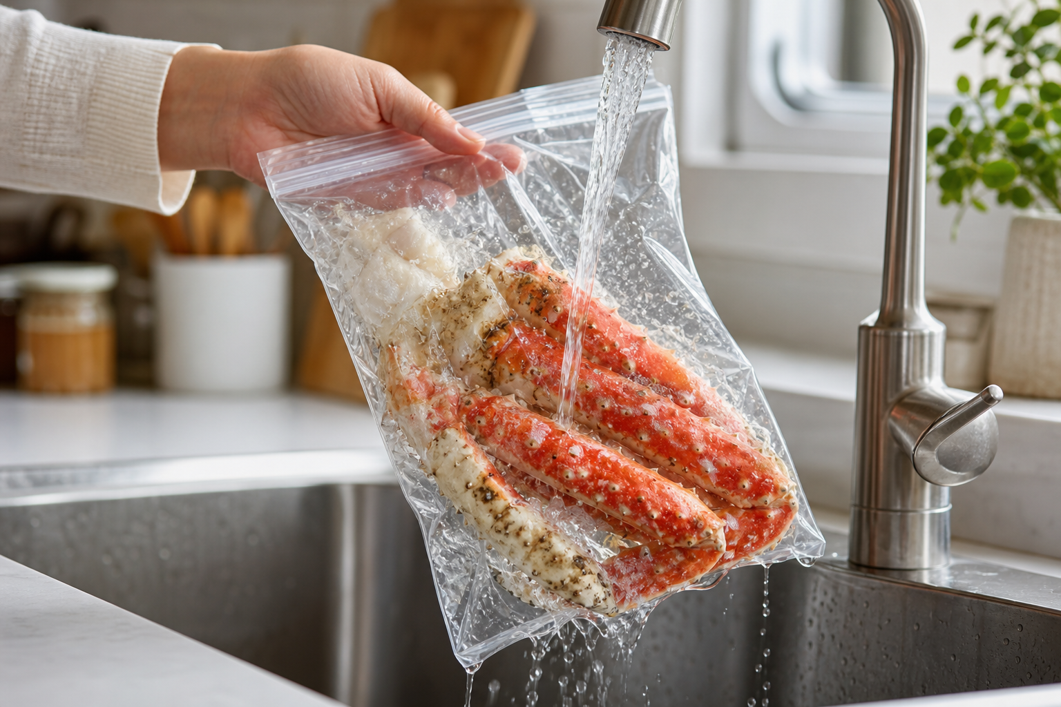 An educational illustration showing the correct 'running water thawing' method for frozen crab. A ha