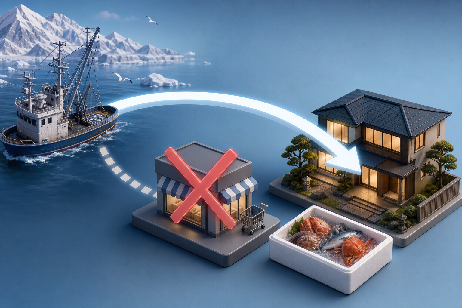 A clean, conceptual 3D illustration explaining the direct-to-consumer business model. It shows a shi