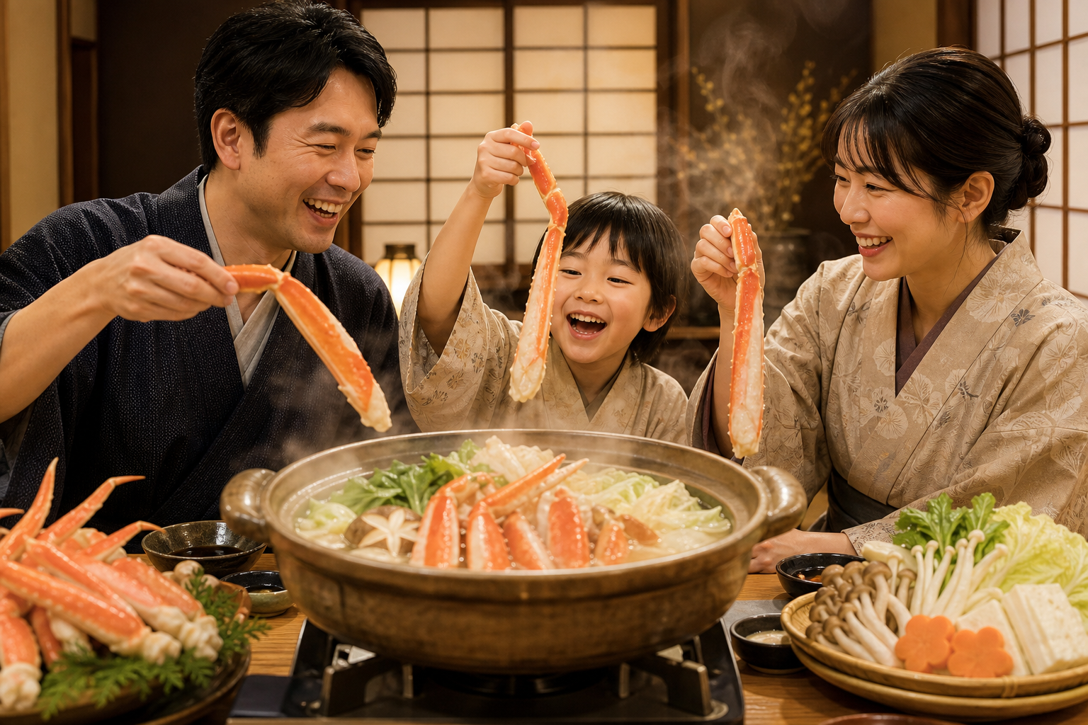 A heart-warming scene of a Japanese family (father, mother, and child) enjoying a luxurious crab hot