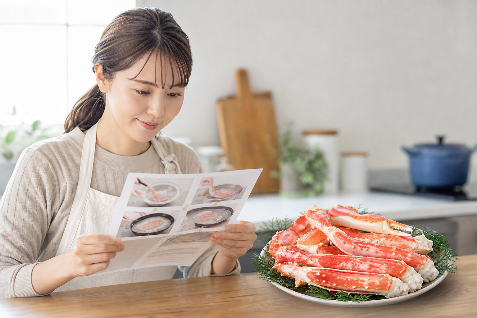 カニに同梱されている「解凍説明書」をキッチンで熱心に読んでいる女性の姿。その横には、説明書の手順通りに正しく解凍されて身がふっくらと輝いているカニ脚が皿に盛られている。正しい解凍方法が美味しさの鍵であ
