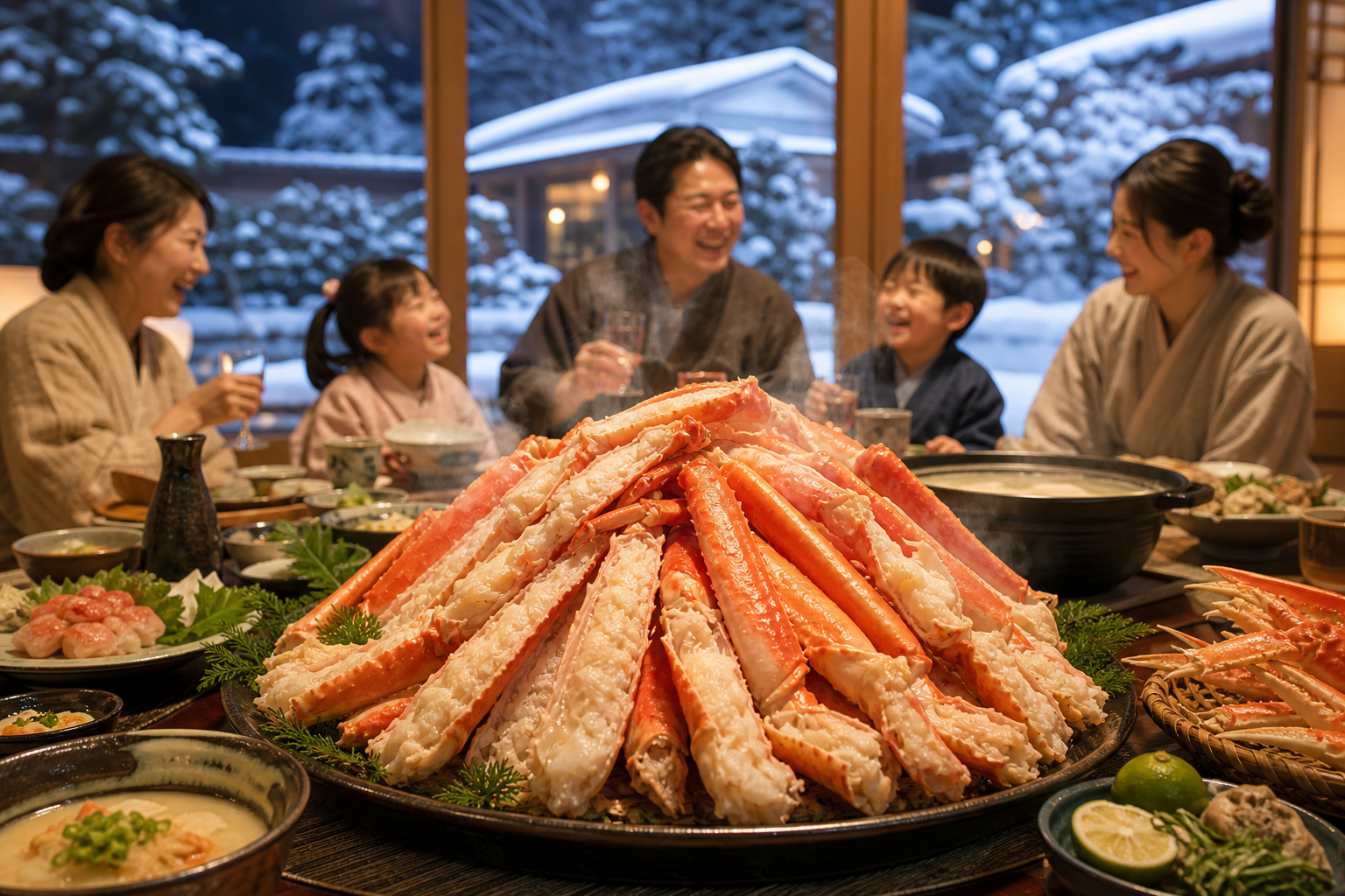 A wide-angle shot of a luxurious home party scene in Japan during winter. In the center of the table
