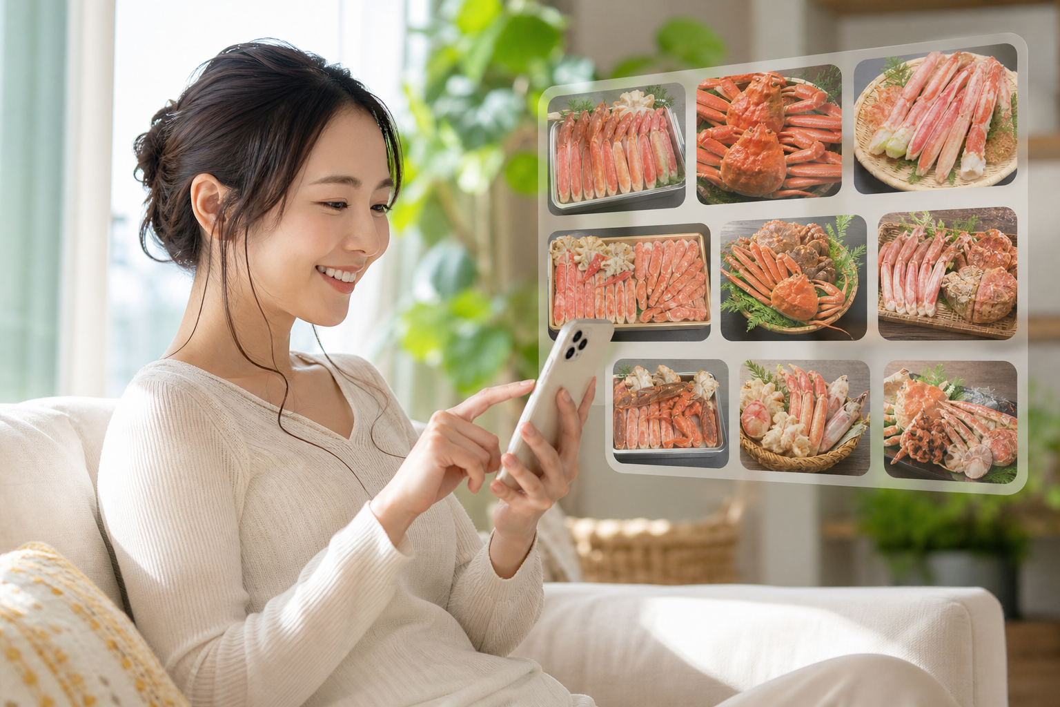 明るいリビングでリラックスしながら、スマートフォンでカニの通販サイトを見ている30代の日本人女性。画面には多種多様なカニのパックやセット商品が並んでおり、どれにしようか楽しそうに比較検討している様子。