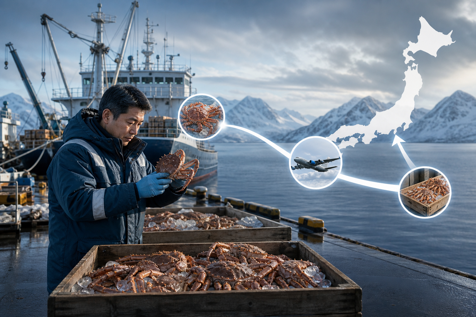 A conceptual illustration showing the direct procurement process. A Japanese quality inspector in a 
