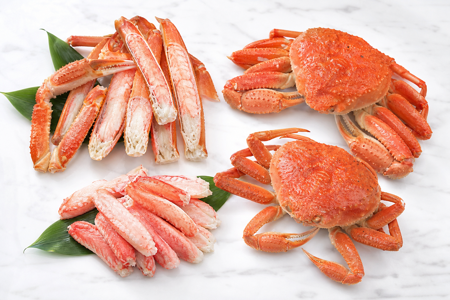 A visual comparison of different crab products: large snow crab legs partially peeled (half-muikimi)