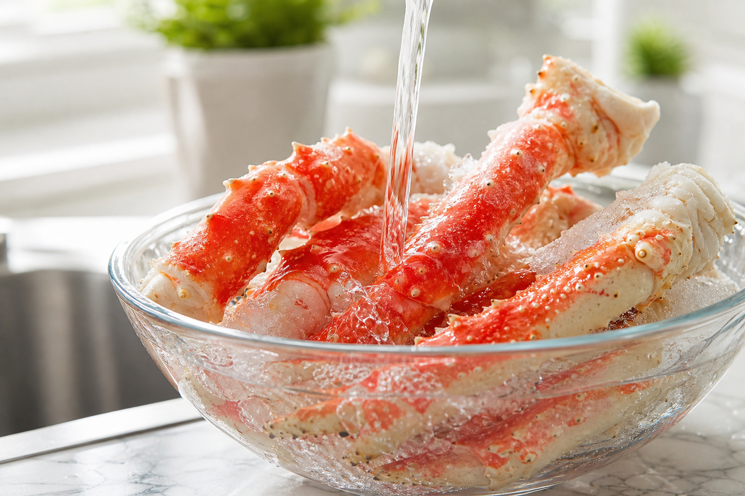 A close-up shot of frozen crab legs being defrosted under a stream of cold running water in a clear 