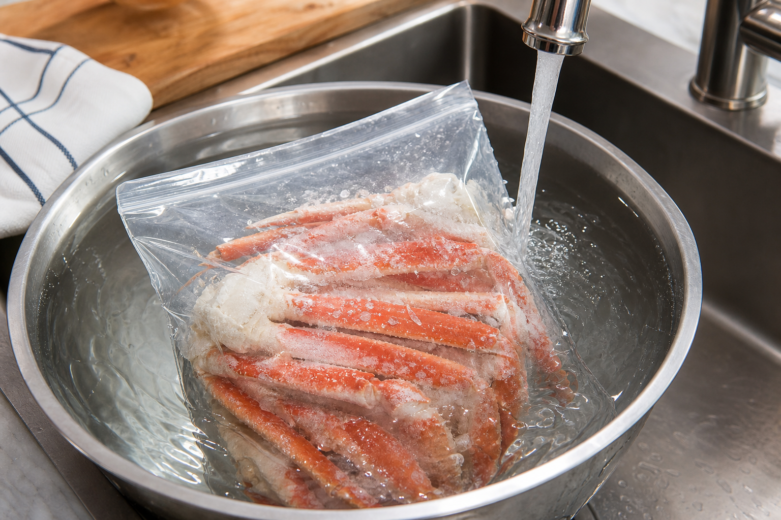 An instructional-style photo showing the correct defrosting method for frozen crab. A transparent se