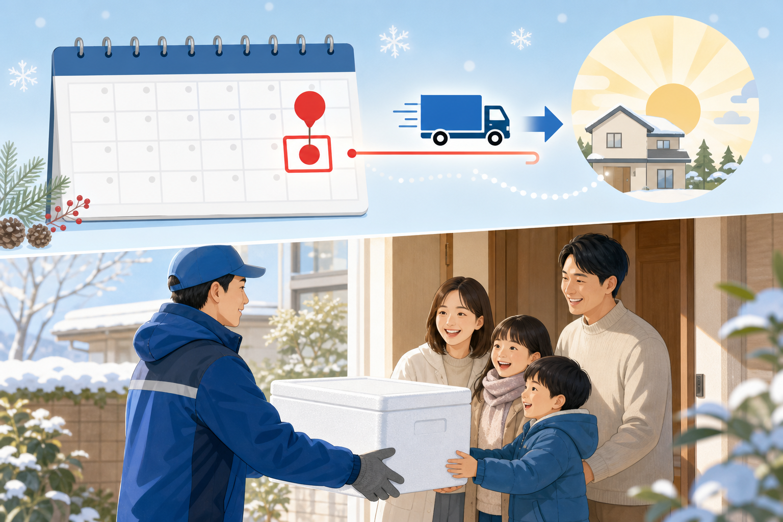 12月のカレンダーをモチーフにしたインフォグラフィック。12月28日の日付が強調されており、そこから元旦（1月1日）に向かって配送トラックのアイコンが走っているイメージ。冬の装いをした配達員が、日本の