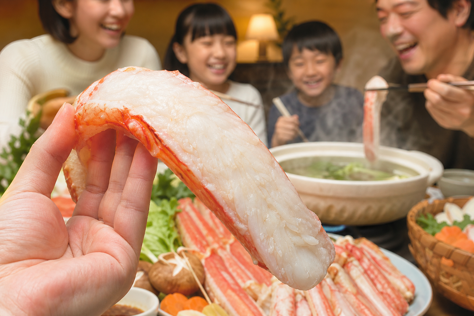 超特大（10Lサイズ）のズワイガニの脚を手に持っている比較写真風のイメージ。カニの身が非常に太く、殻が剥かれた状態のジューシーな白い身が強調されている。背景には豪華に盛り付けられたカニ鍋用の具材と、カ