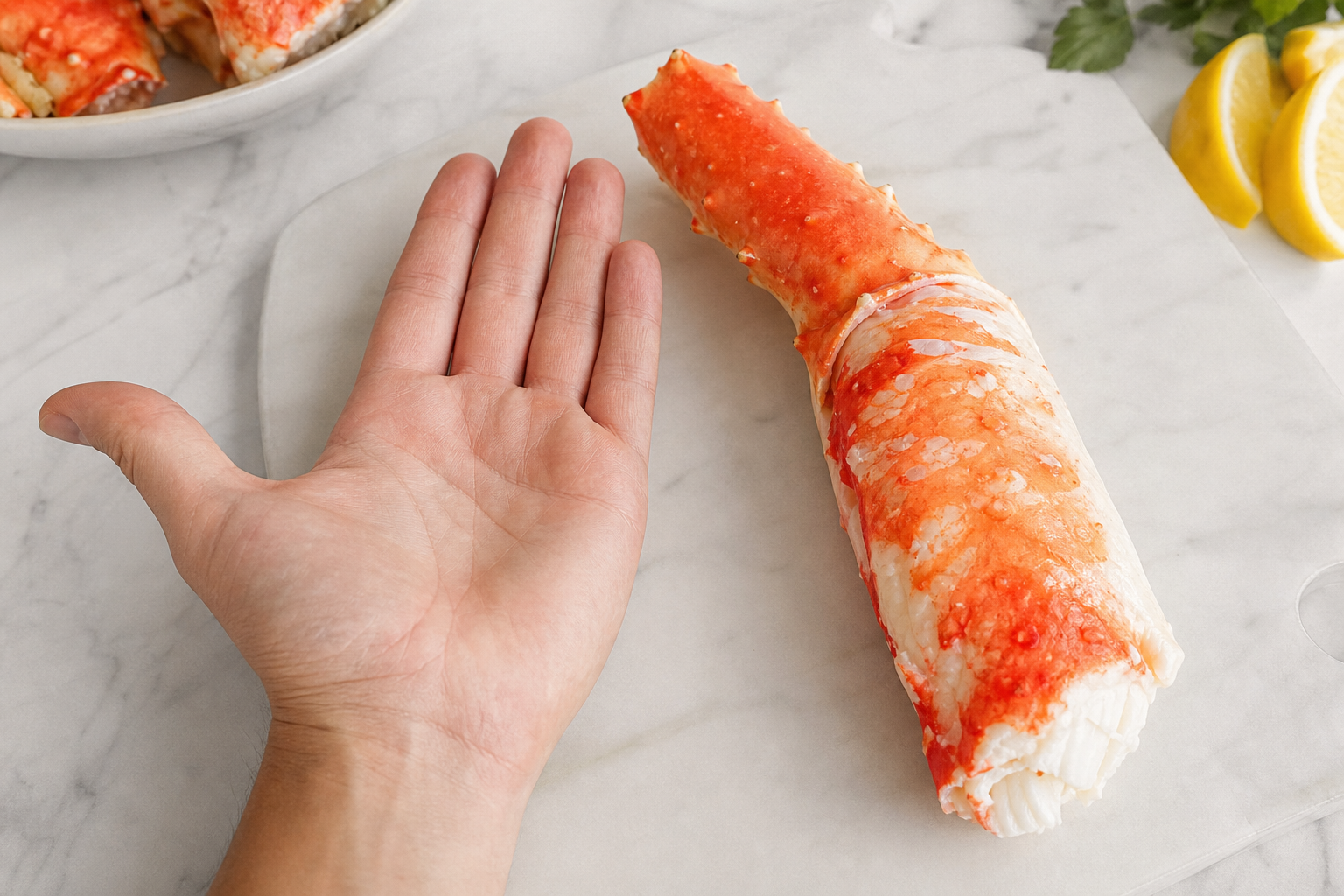 An illustrative comparison showing the impressive scale of a 10L size snow crab leg. A single, thick