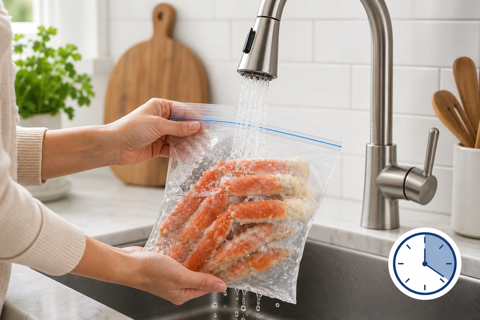 An instructional and clean illustration showing the 'running water thawing' method for frozen crab. 