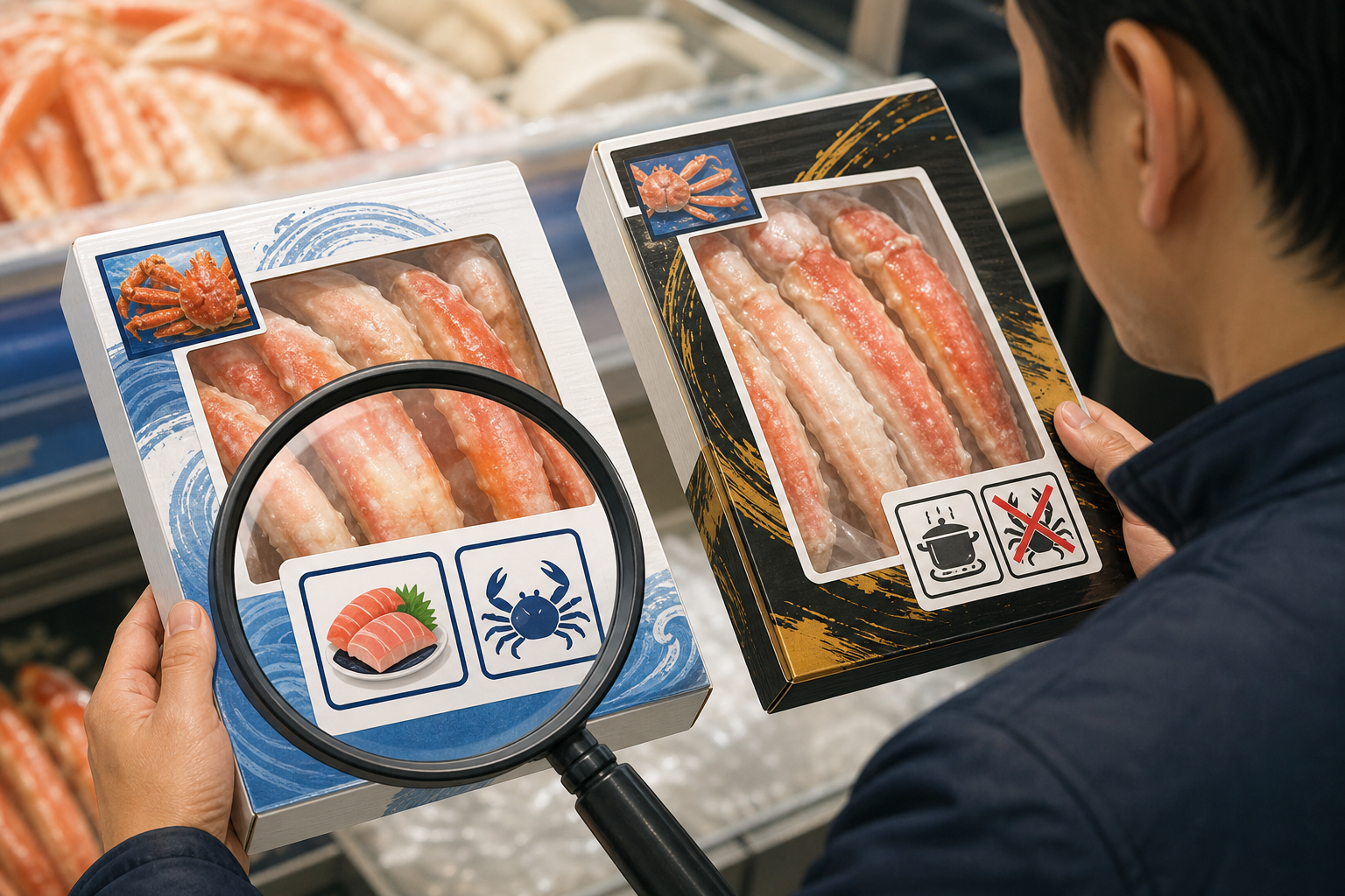 An illustrative image focusing on a product label of a crab package. A magnifying glass zooms in on 