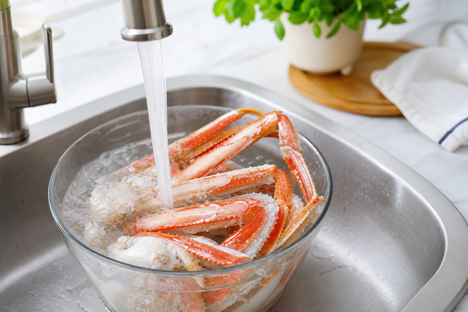 A high-quality instructional photo showing the proper thawing process. Snow crab legs are placed in 