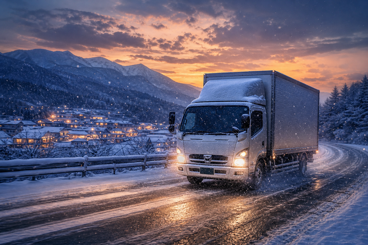 A professional delivery truck driving through a snowy landscape at dusk, headlights illuminating the