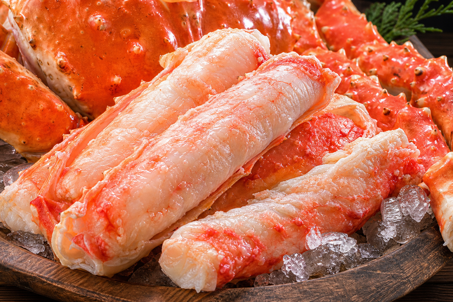 An extreme close-up of exceptionally large and thick boiled red snow crab legs (zuwaigani) arranged 