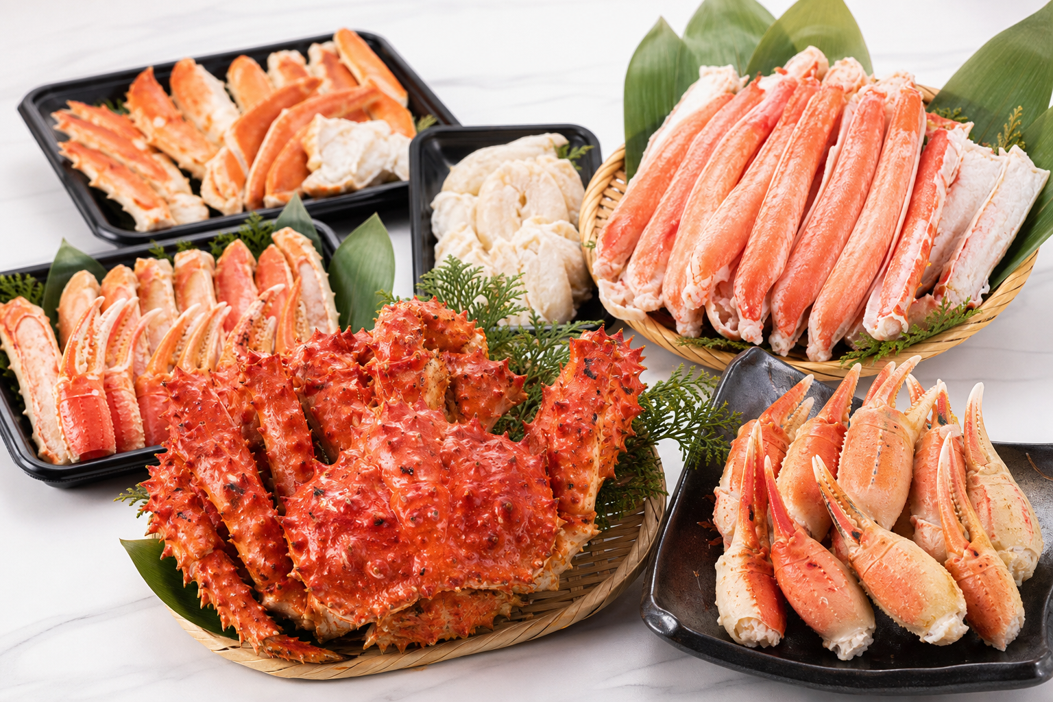 An assortment of various crab products from Kani Honpo laid out on a clean white table. Includes who