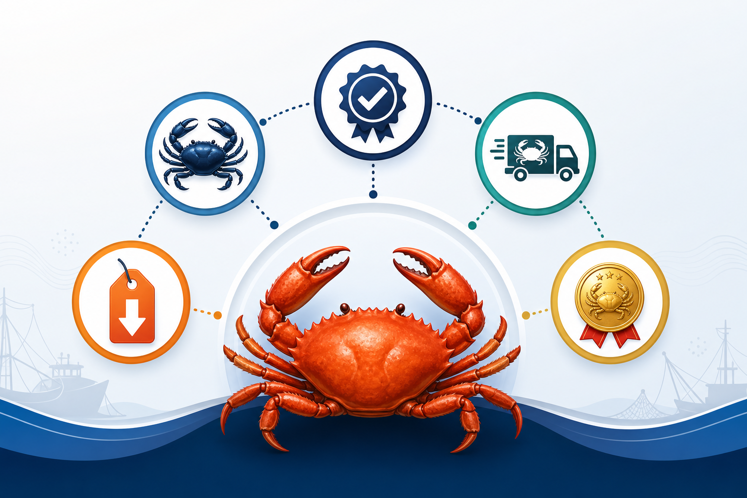 A conceptual infographic-style illustration representing five different crab brands. Each brand is d