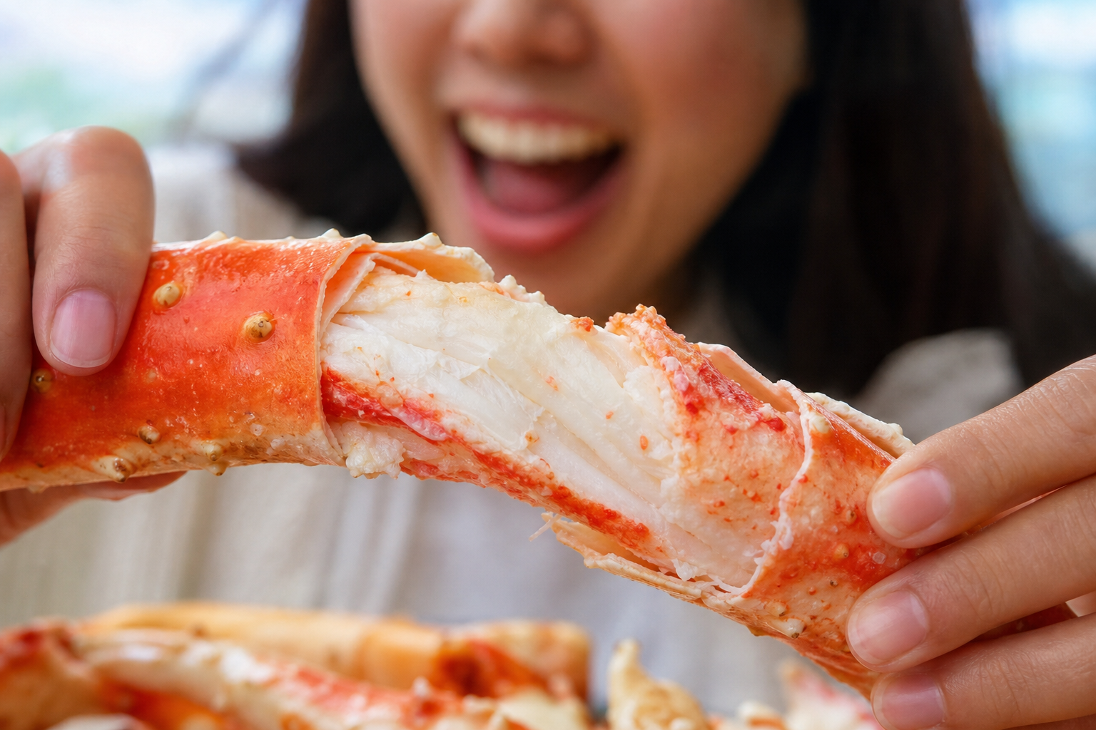 An appetizing close-up photo of a thick, steamed king crab leg being cracked open, revealing dense,