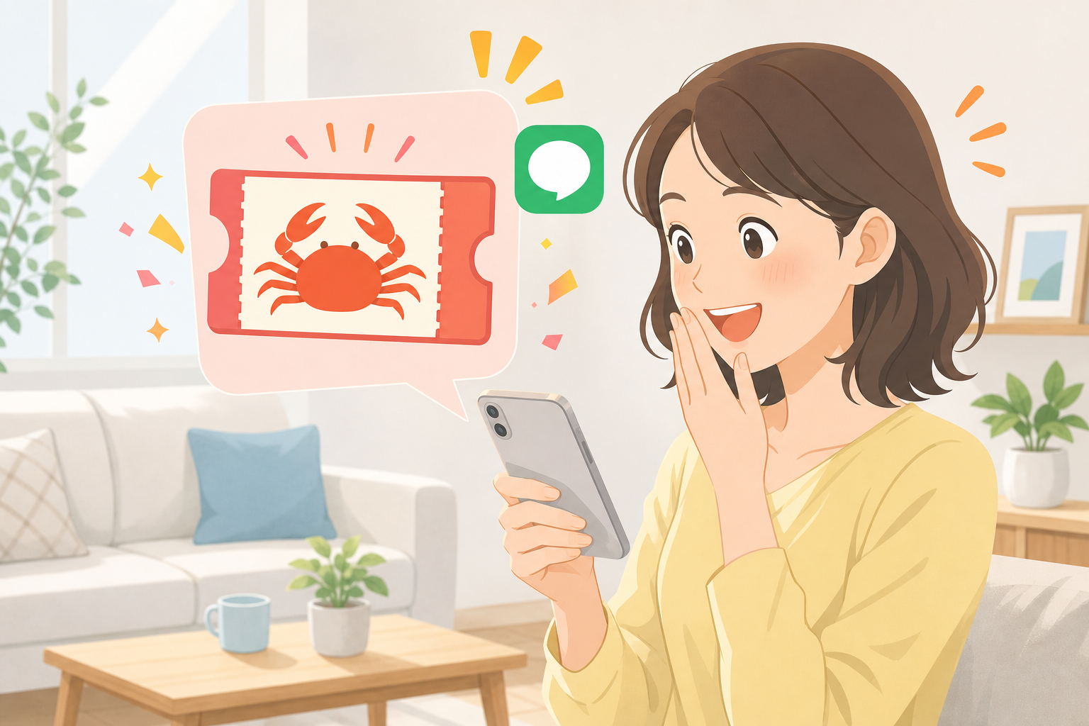 明るいリビングで女性がスマートフォンを操作し、公式LINEからの通知を見て喜んでいる様子。スマホの画面には「限定クーポン配布中」という文字とカニのアイコンが描かれたデジタルチケットがポップアップしてい