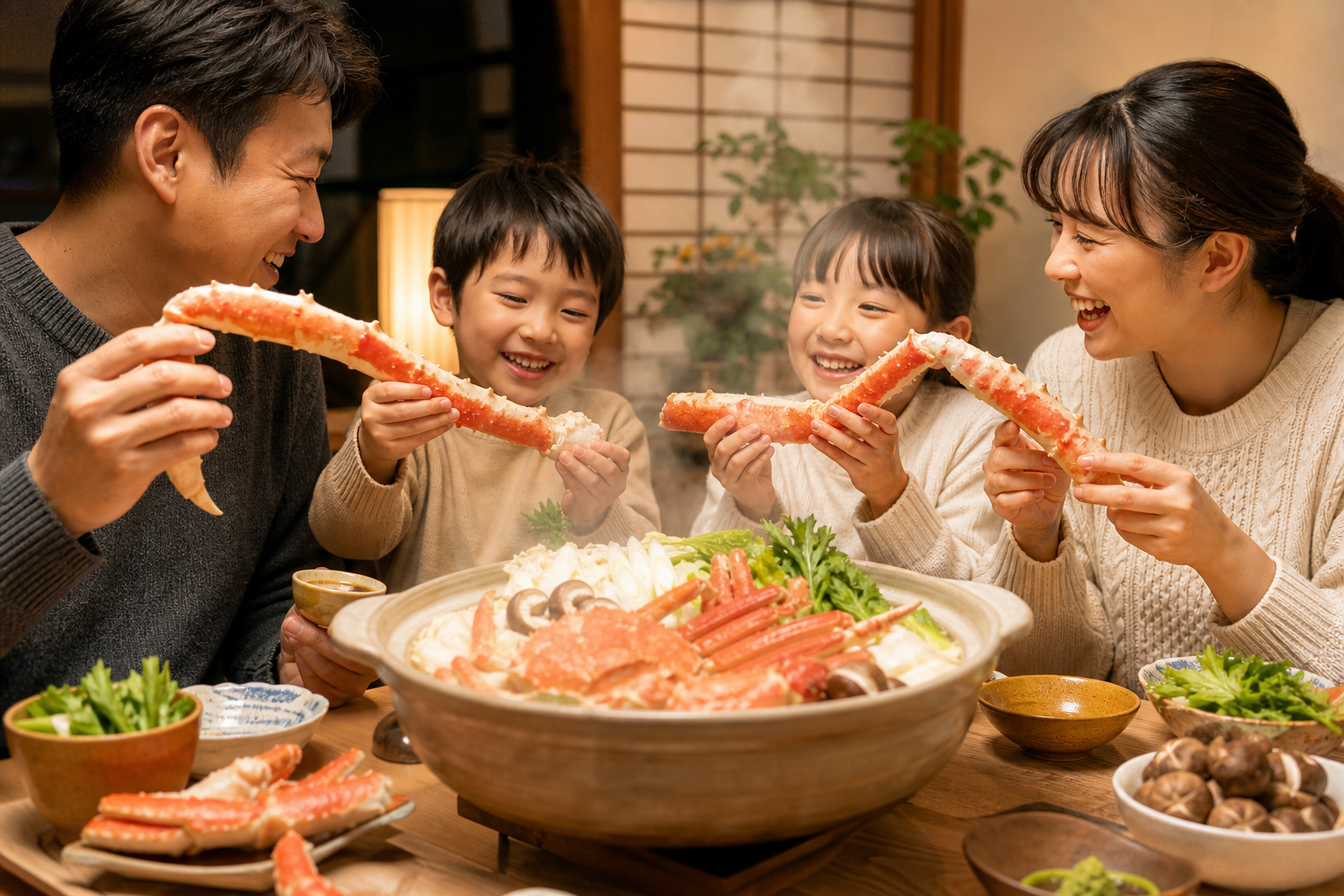 冬の食卓を囲む幸せな家族の風景。テーブルの中央には湯気が立ち上がる豪華なカニ鍋があり、家族がそれぞれ身の詰まった大きなカニの脚を手に持ち、笑顔で今にも食べようとしている。カニのプリッとした質感や殻から