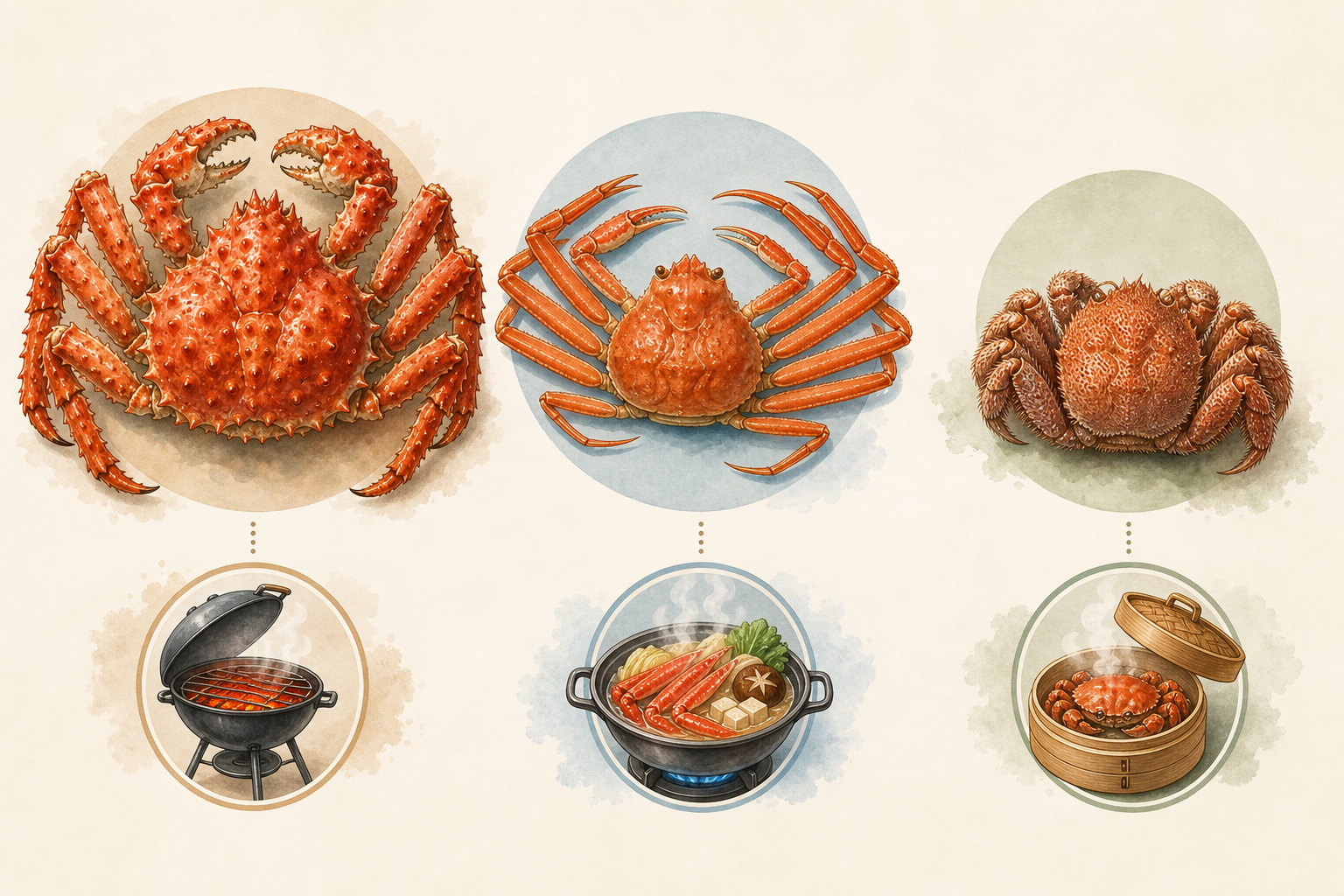 An informative infographic-style illustration comparing three types of crabs: King Crab (large and s