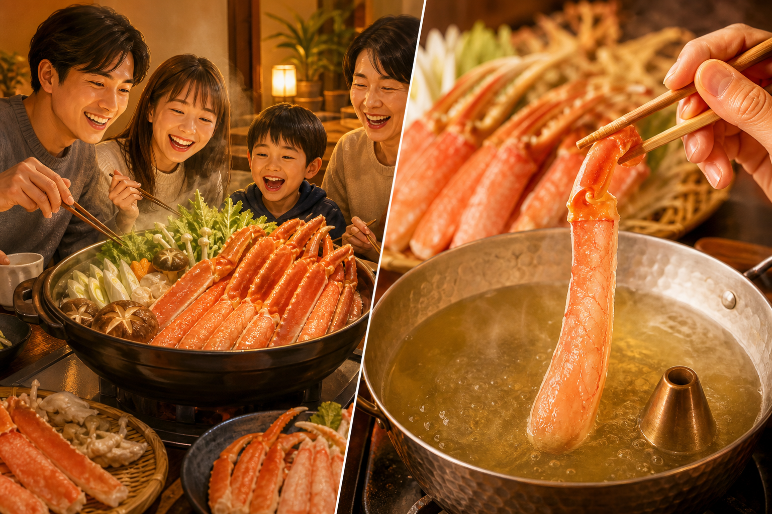 2つの対照的な食事シーンを描いた比較画像。左側は家族全員が大きなカニ鍋（むき身セット）を囲んで楽しそうに食事をしている様子。右側は、殻のない太いカニの脚肉（ポーション）を贅沢にしゃぶしゃぶして食べよう